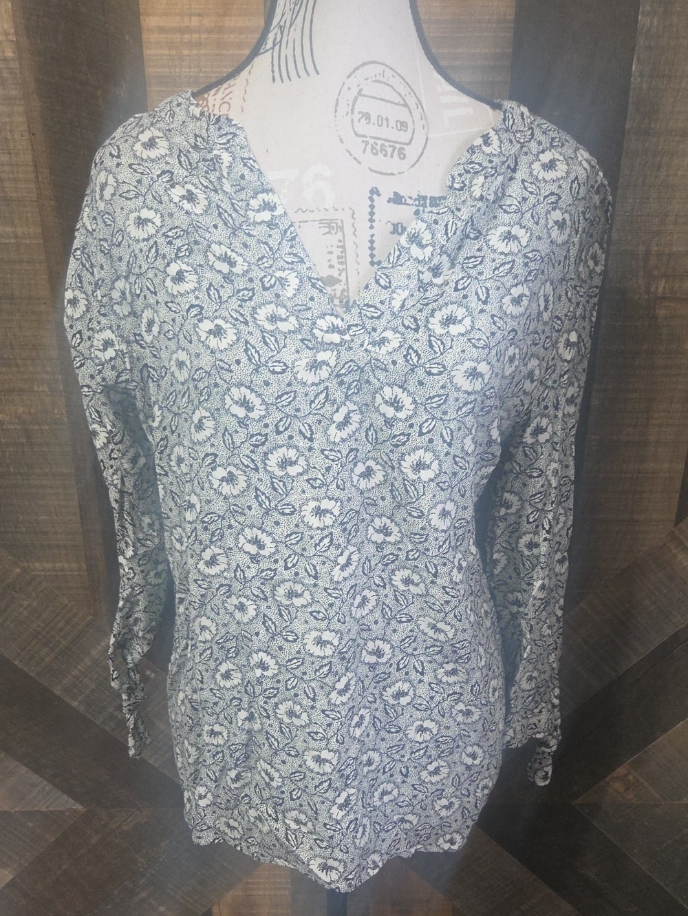 Floral V-Neck Long Sleeve Blouse - Black and White